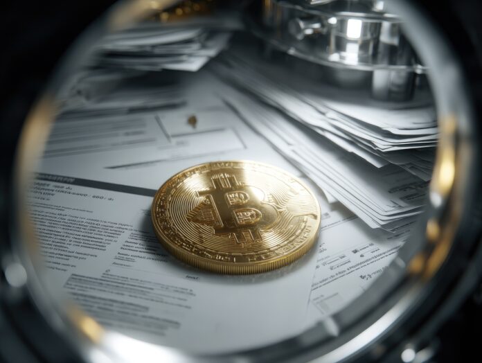 A futuristic Bitcoin coin inside a vault overlayed with legal and financial documents