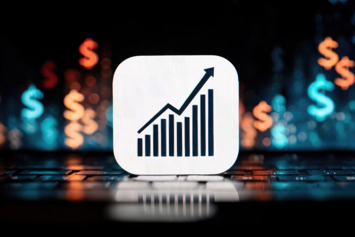 Apple App Store icon with a financial graph showing an upward trend and dollar signs in the background