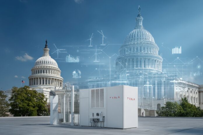 A Tesla Powerwall installation site overlaid with a U.S. Capitol silhouette and legislative icons