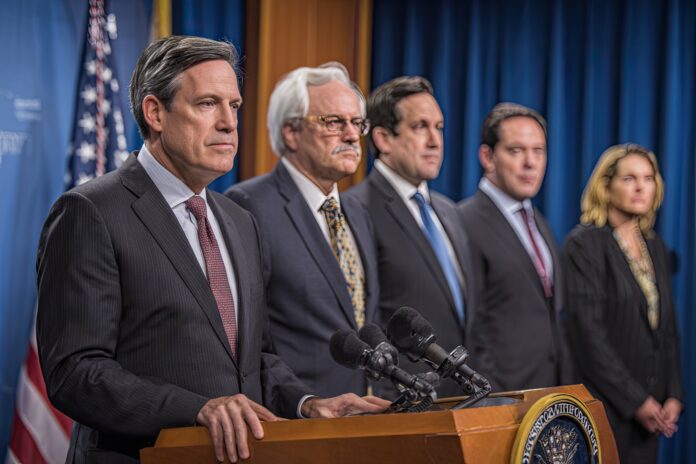 US officials at a press conference announcing sanctions against a tech company.