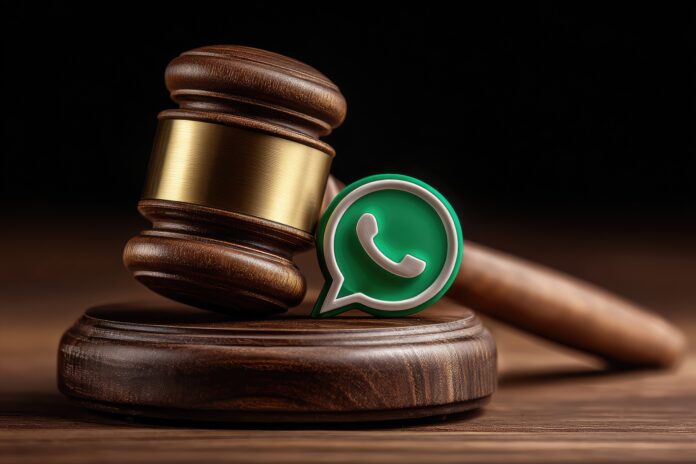 A judge's gavel next to a WhatsApp logo, highlighting the lawsuit against NSO Group.