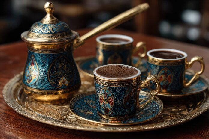 Traditional Turkish coffee set with cezve and ornate cups