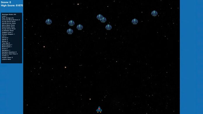Screenshot of Galactic Striker showing the player's spaceship in combat.