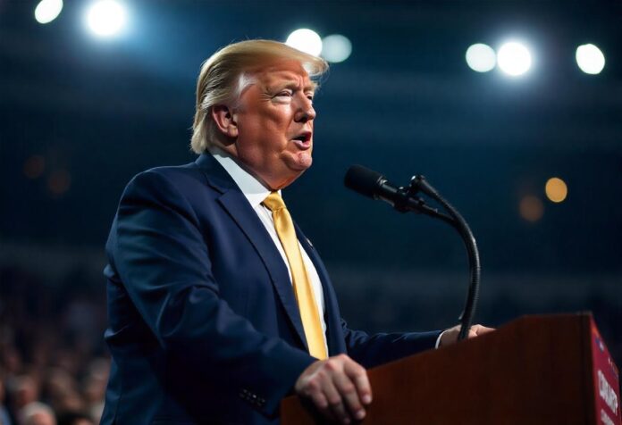 Donald Trump speaking at a rally with a gavel and courthouse in the background
