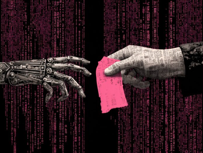 A robotic arm and a human hand reaching toward a pink slip or job termination letter
