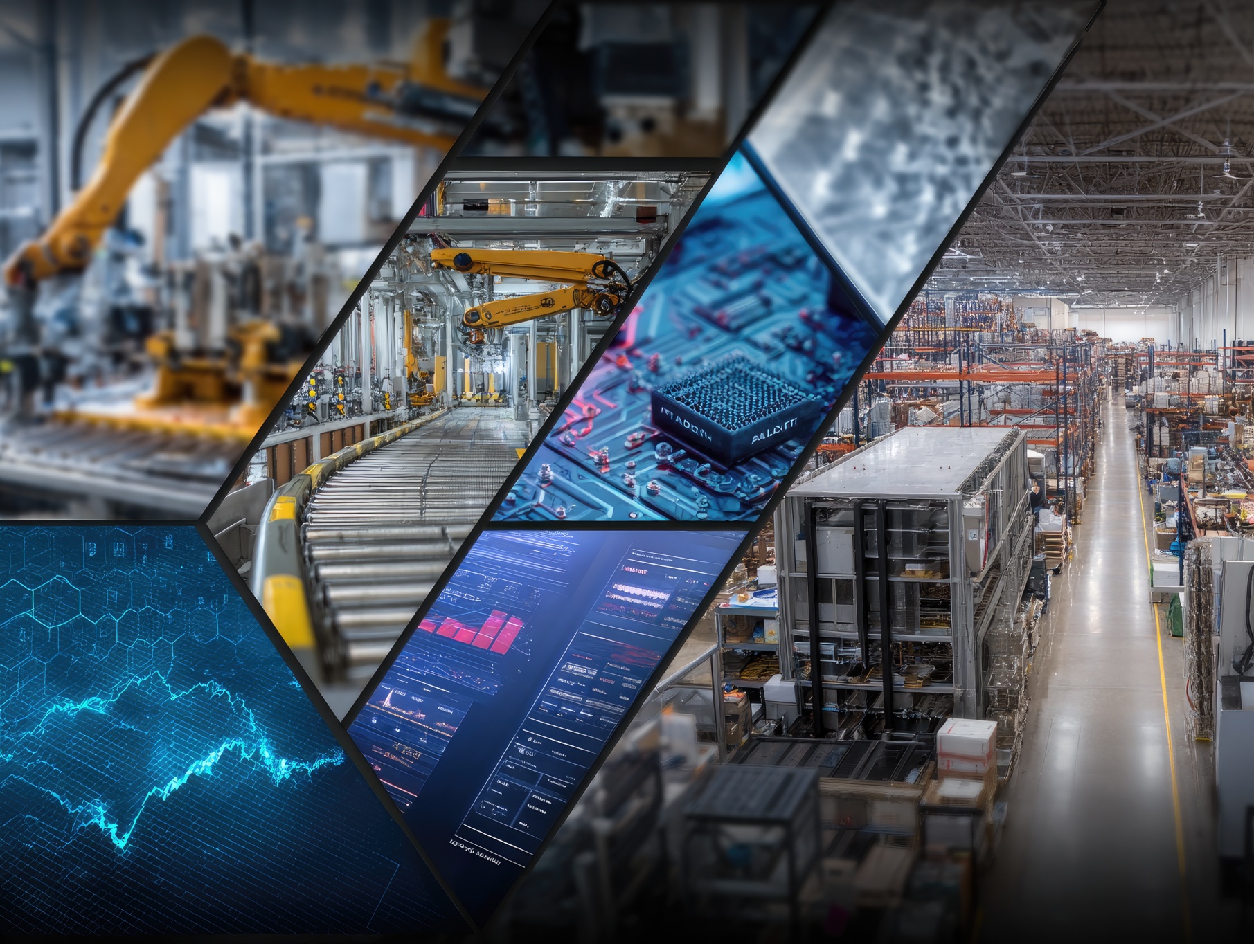 Montage of AI applications: factory automation, cloud computing, predictive analytics, and smart assistants