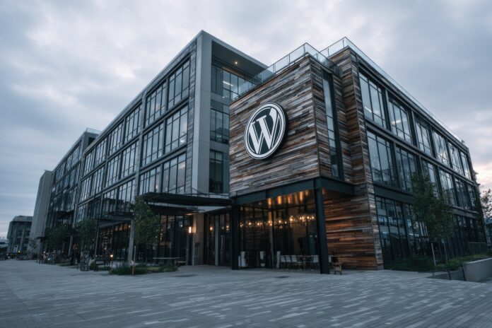 Outdoor image of Automattic headquarters with the WordPress logo displayed prominently.