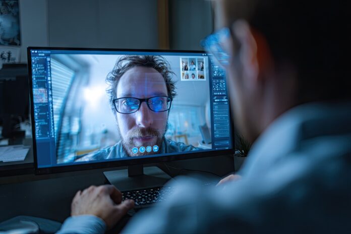 Person at a computer watching a realistic but generated video call representing a deepfake phishing attempt.
