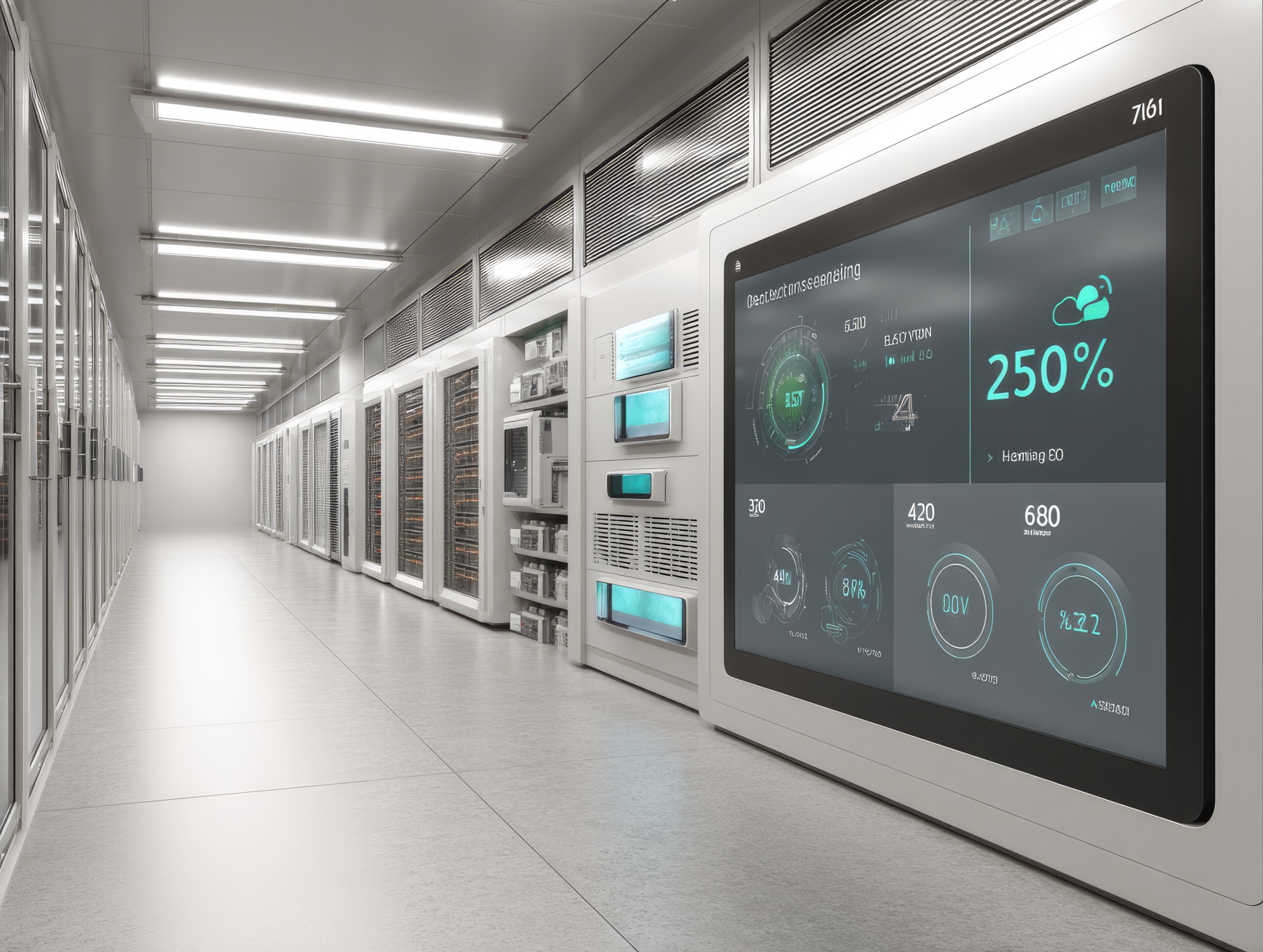 A modern data centre with advanced cooling systems and AI monitoring dashboards