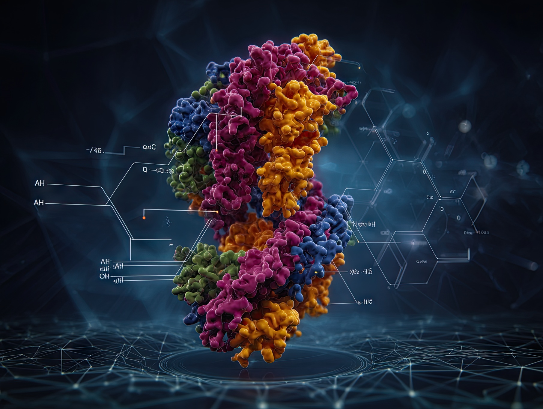 A colorful ribbon diagram of a protein structure with an overlay of neural network mapping
