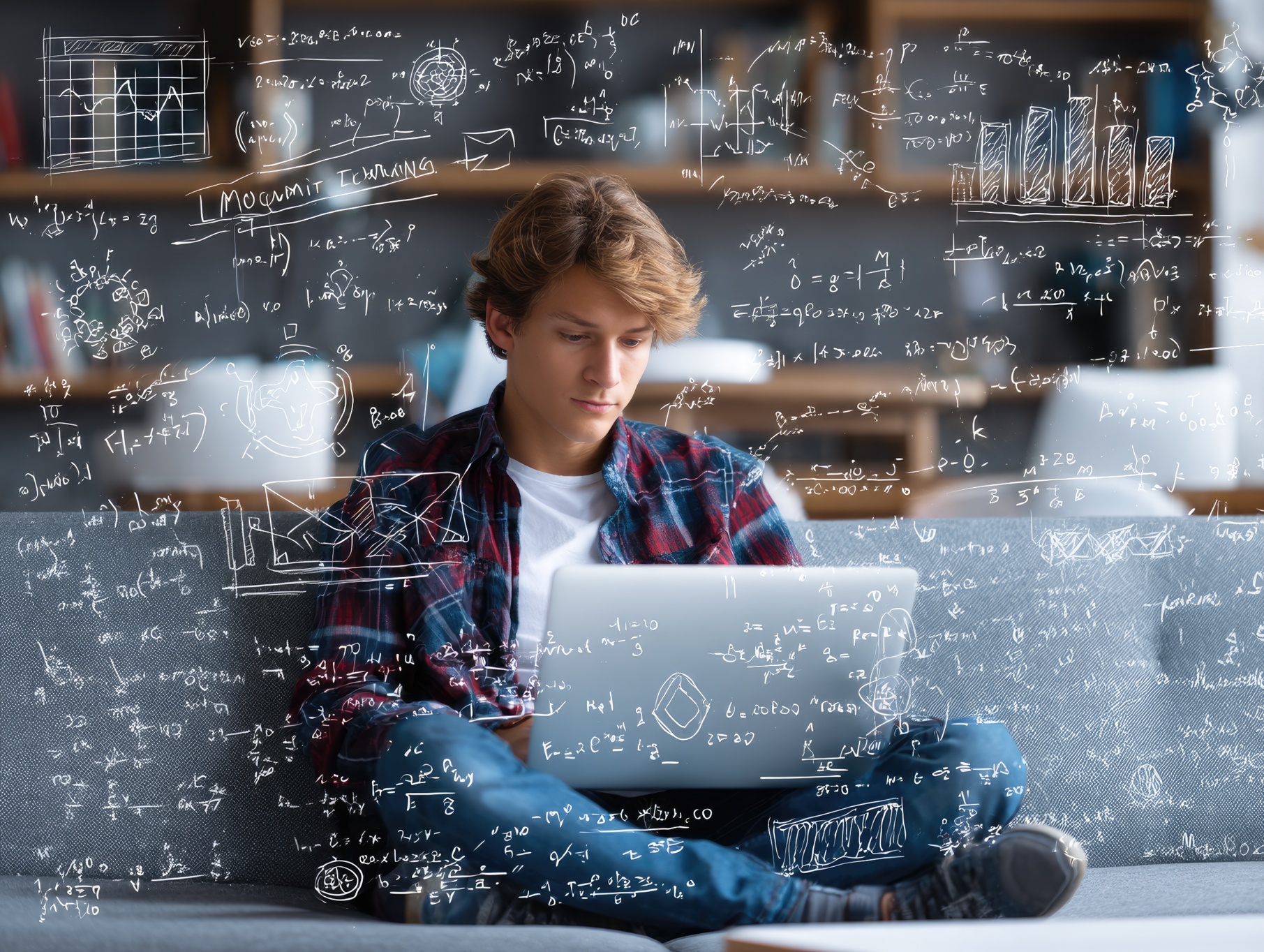 A professional using a laptop surrounded by icons of AI, cybersecurity, data science, and soft skills