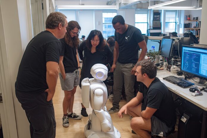 Developers collaborating around a Hugging Face robot prototype