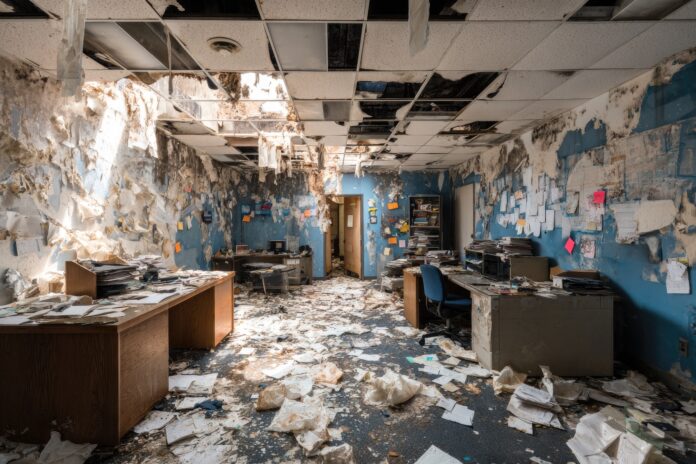 Damaged interior of a government office showing water-stained walls, broken ceiling tiles, and scattered documents