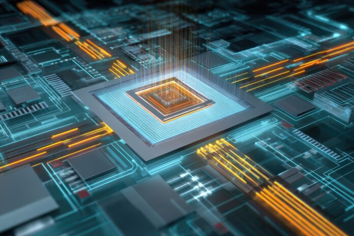 Abstract illustration representing advanced semiconductor design software and microchip schematics.