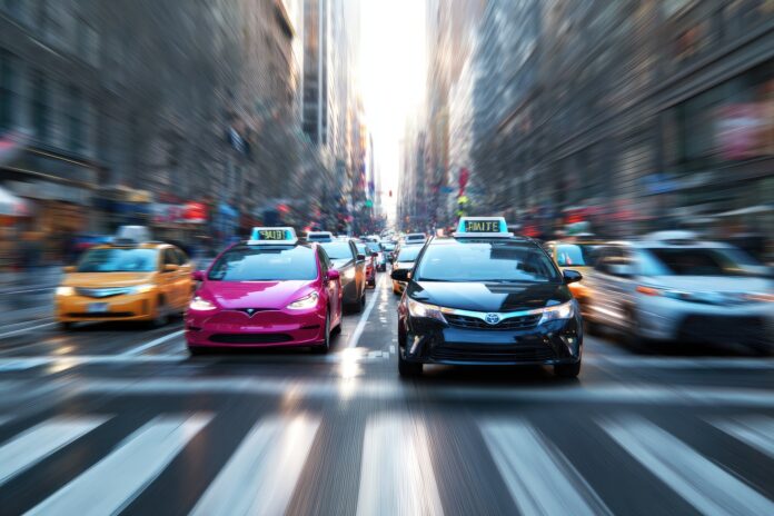 A city street with multiple ride-sharing cars competing for passengers