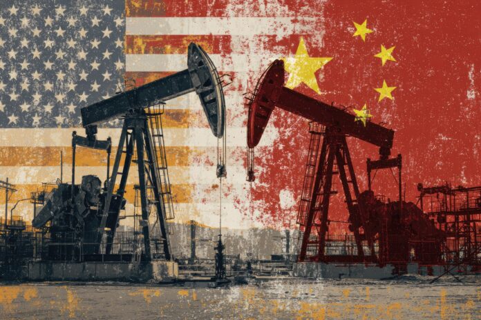 A collage featuring oil rigs and solar panels with a backdrop of US and Chinese flags, symbolizing energy sector trade tensions.