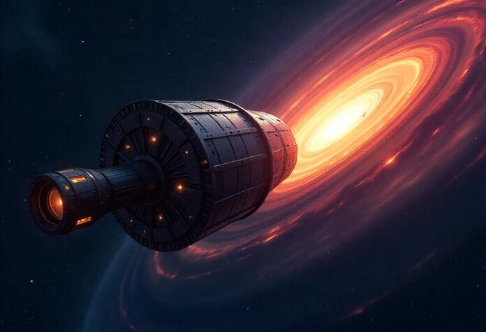 An artist’s concept of NASA’s Roman Space Telescope gazing into deep space, visualizing gravitational lensing effects.