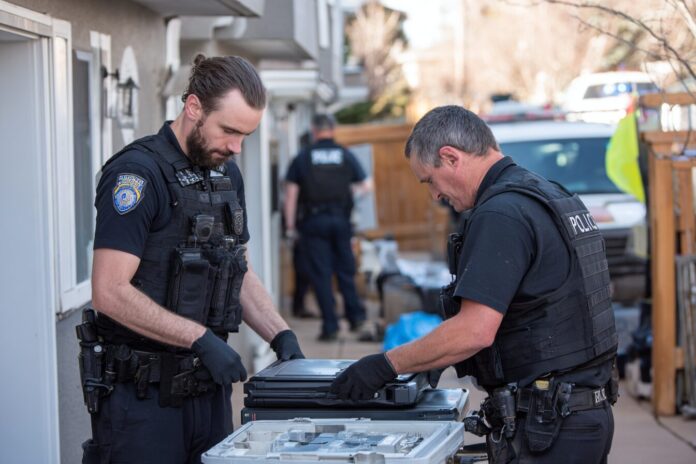 Police officers removing computer equipment from a residence during a cybercrime investigation.