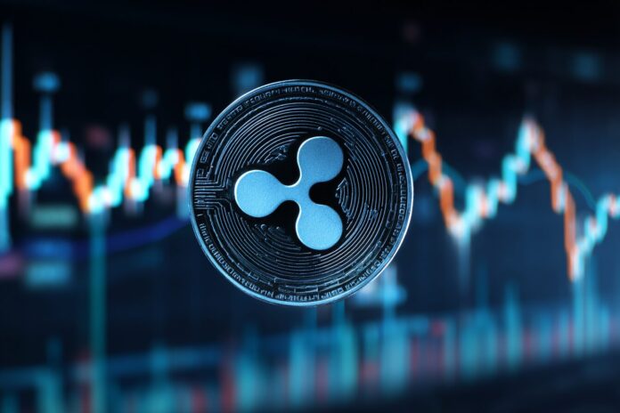 Ripple logo overlaid on a background of fluctuating cryptocurrency charts, symbolizing market turbulence.