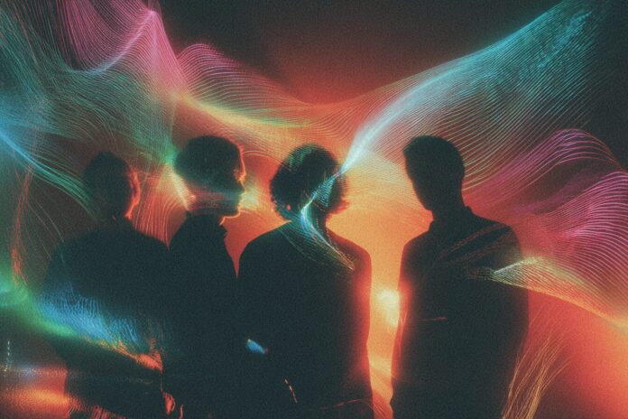 Abstract, psychedelic band floating on digital soundwaves, glowing with artificial energy