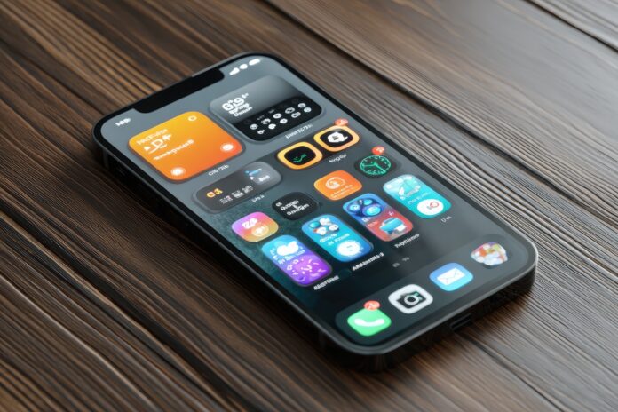 A modern iPhone displaying a concept Home Screen for iOS 19 with customizable widgets and refreshed icons.