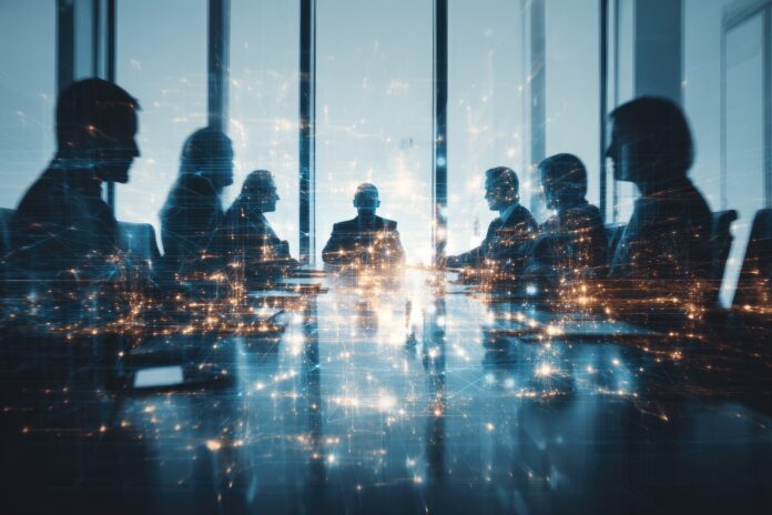 Artistic image depicting tense boardroom meeting with futuristic AI elements.