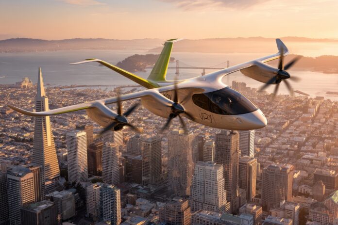 Joby Aviation electric aircraft flying over cityscape