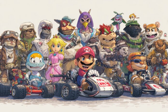 A diverse group of Mario Kart World racers, including characters from Zelda, Animal Crossing, and classic Mario.