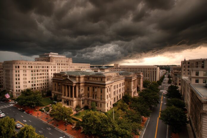 Washington D.C. government buildings with a stormy sky overhead