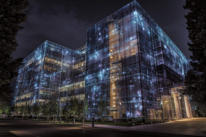 Reddit headquarters with digital AI overlay