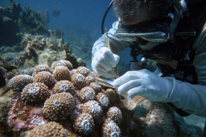 Researchers apply probiotic paste to a diseased great star coral colony underwater