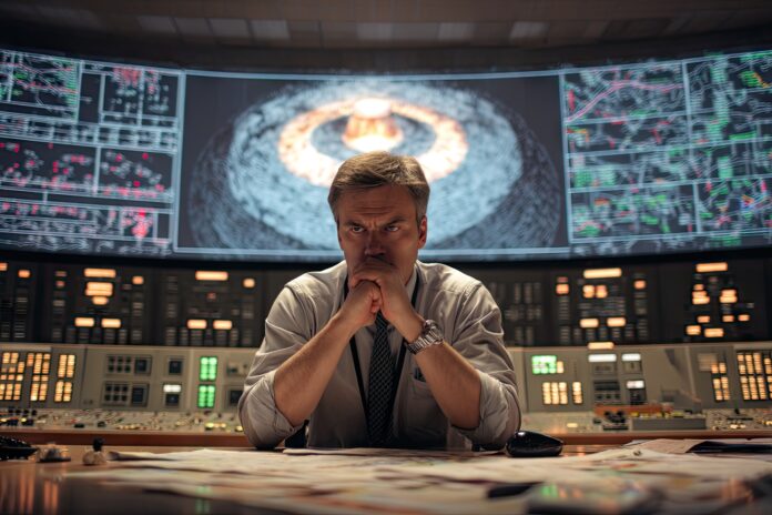 Worried leader in command center facing difficult nuclear decision
