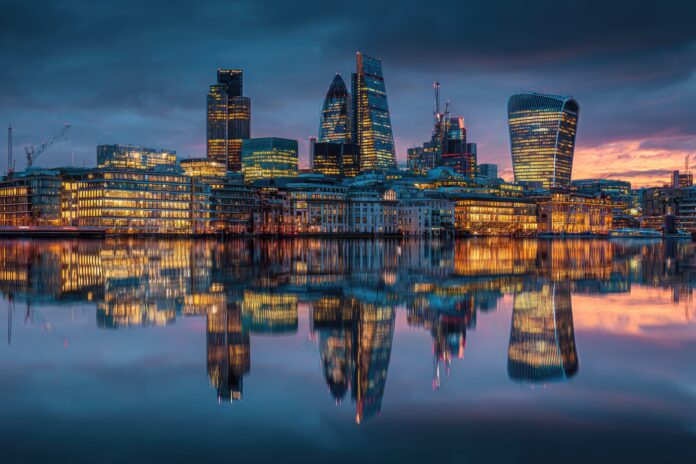 The City of London skyline at dusk, representing the UK’s financial sector and regulatory landscape.