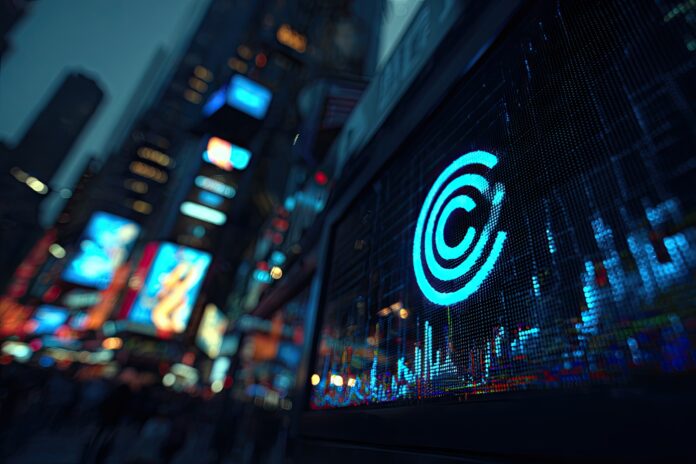 Circle logo illuminated on an electronic stock ticker outside the NYSE, surrounded by financial data charts.