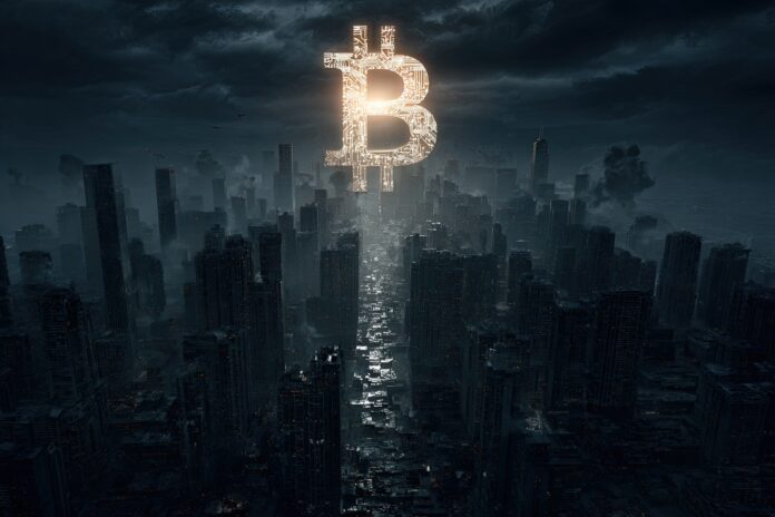 A symbolic visual of Bitcoin shining in a dark, oppressive cityscape representing censorship resistance.