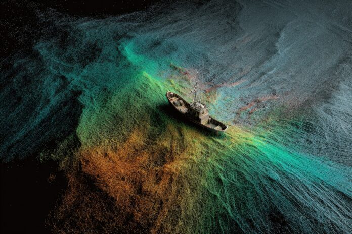 Sonar image highlighting ghost nets detected by AI