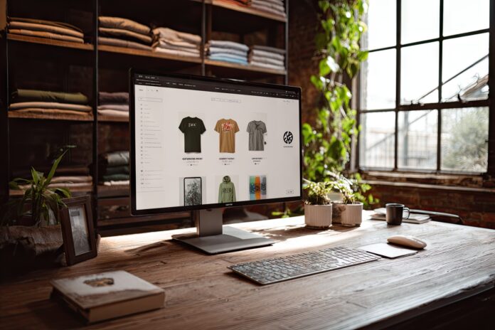 Custom Shopify theme preview displayed on a large monitor