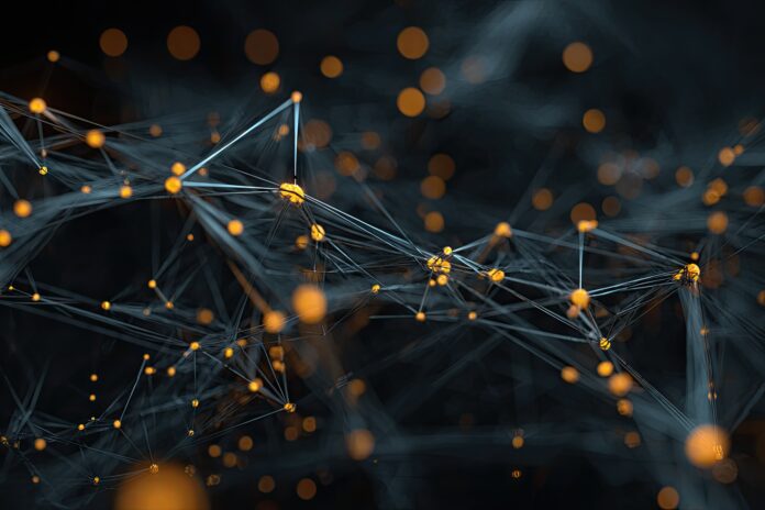 AI-driven blockchain infrastructure concept visualized as connected nodes