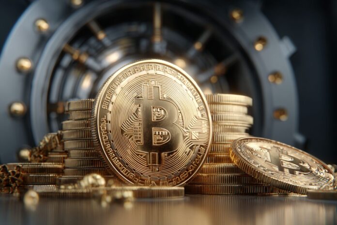 Bitcoin treasury strategy concept illustration showing a digital vault and Bitcoin coins.