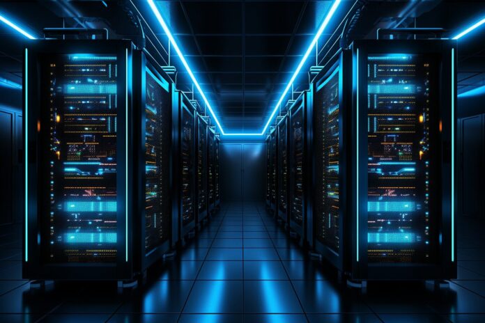 Modern data center rack featuring Vast Data’s AI storage infrastructure and illuminated server components