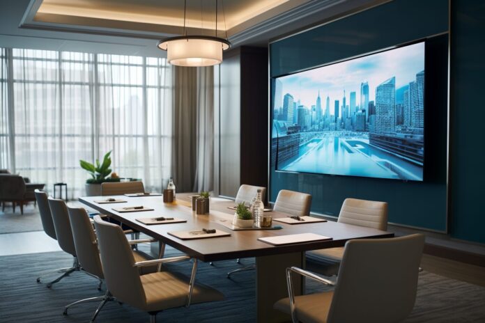 HP Dimension with Google Beam system staged in a modern conference room, showing its immersive 3D display in use.