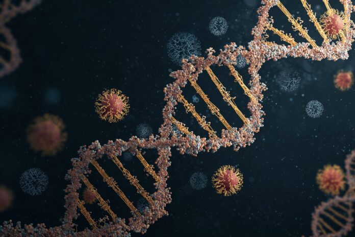 A stylized double-helix and CRISPR molecules editing genetic code.
