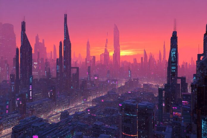 Futuristic city at dawn in MindsEye video game
