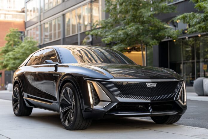 2025 Cadillac Optiq front 3/4 view parked on city street