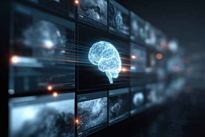 Futuristic AI brain generating blog posts and images on a digital screen.