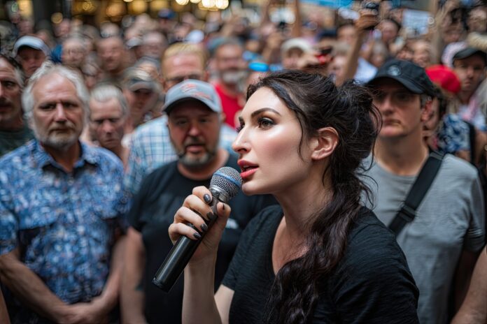 Laura Loomer speaks at a crowded rally, holding a microphone.