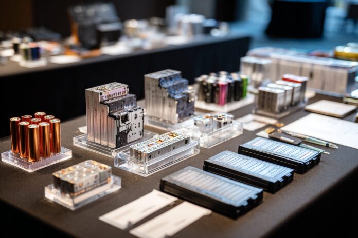 Various advanced batteries displayed on a table, highlighting their unique components and design.