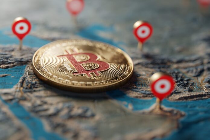 A stylized Bitcoin token hovering over a map of the Middle East with target-like markers on Israel and Iran.