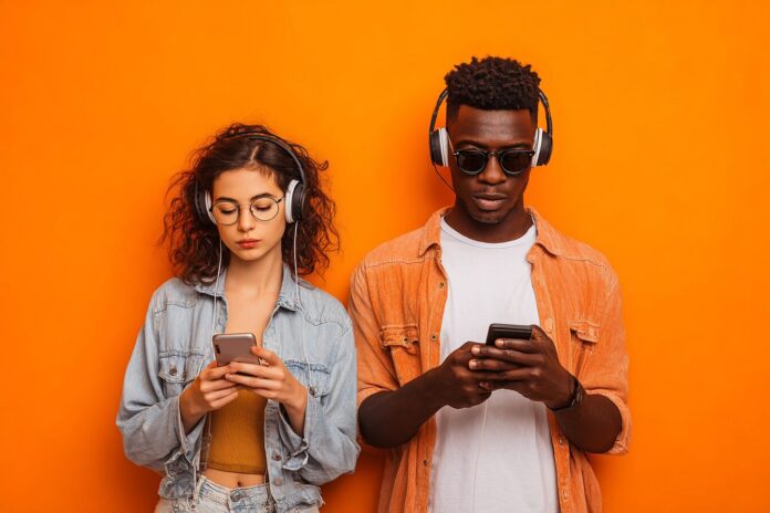 Two people using headphones to listen to audio content on their smartphones