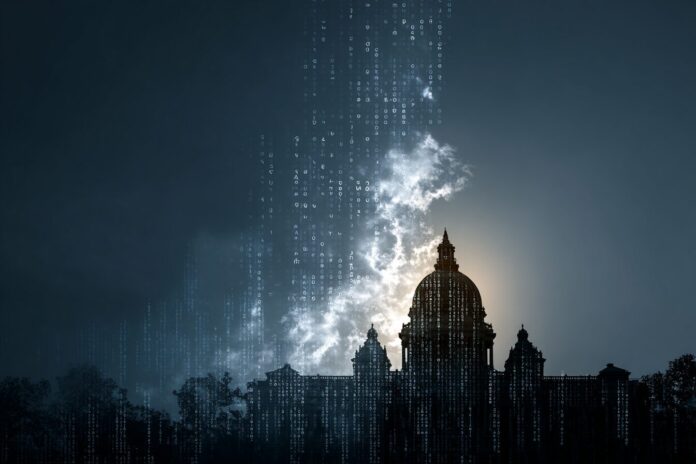 A silhouette of the New York State Capitol with digital code and AI-related icons in the sky, symbolizing legislation for AI safety.